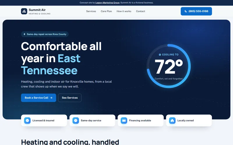 Summit Air Heating & Cooling concept website homepage