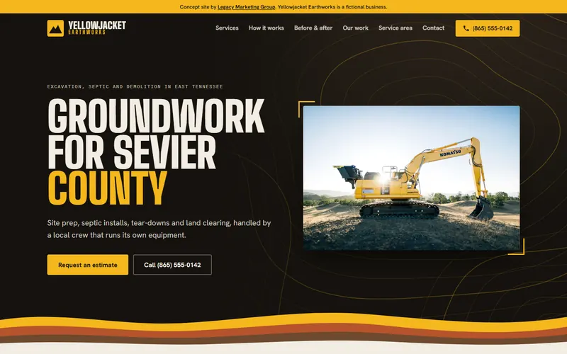 Yellowjacket Earthworks concept website homepage